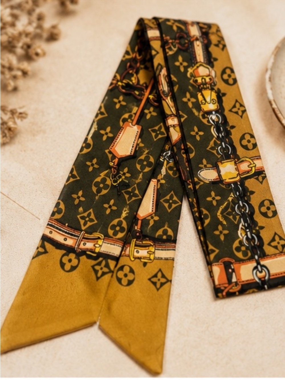 Mustard Gold Chain & Belt Print Twilly Scarf Designer Inspired - Picture 5 of 5